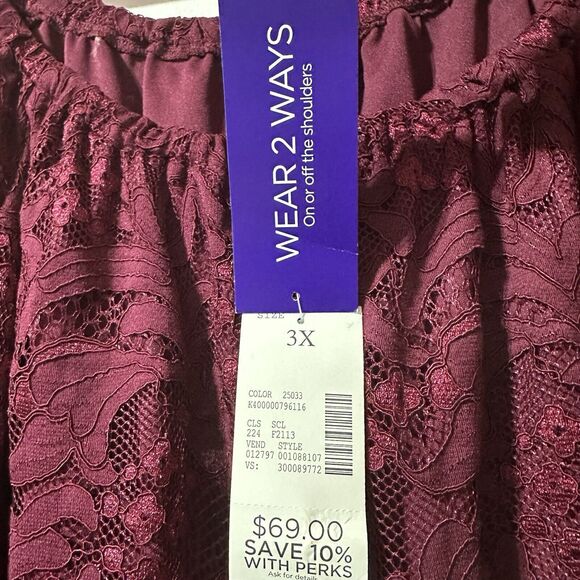 Catherines Lace Blouse On / Off The Shoulder Size 3X 26 28W Burgundy Red NWT - Picture 2 of 8